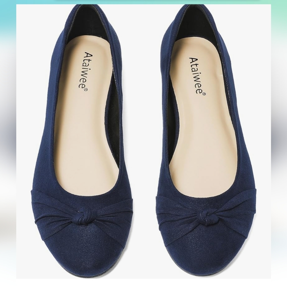 8 1/2 wide ataiwee navy flats with a knot